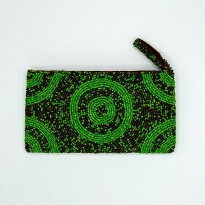 Seed Beaded Zippered Clutch Wallet NEW Never Used Green & Brown 7” x 4”